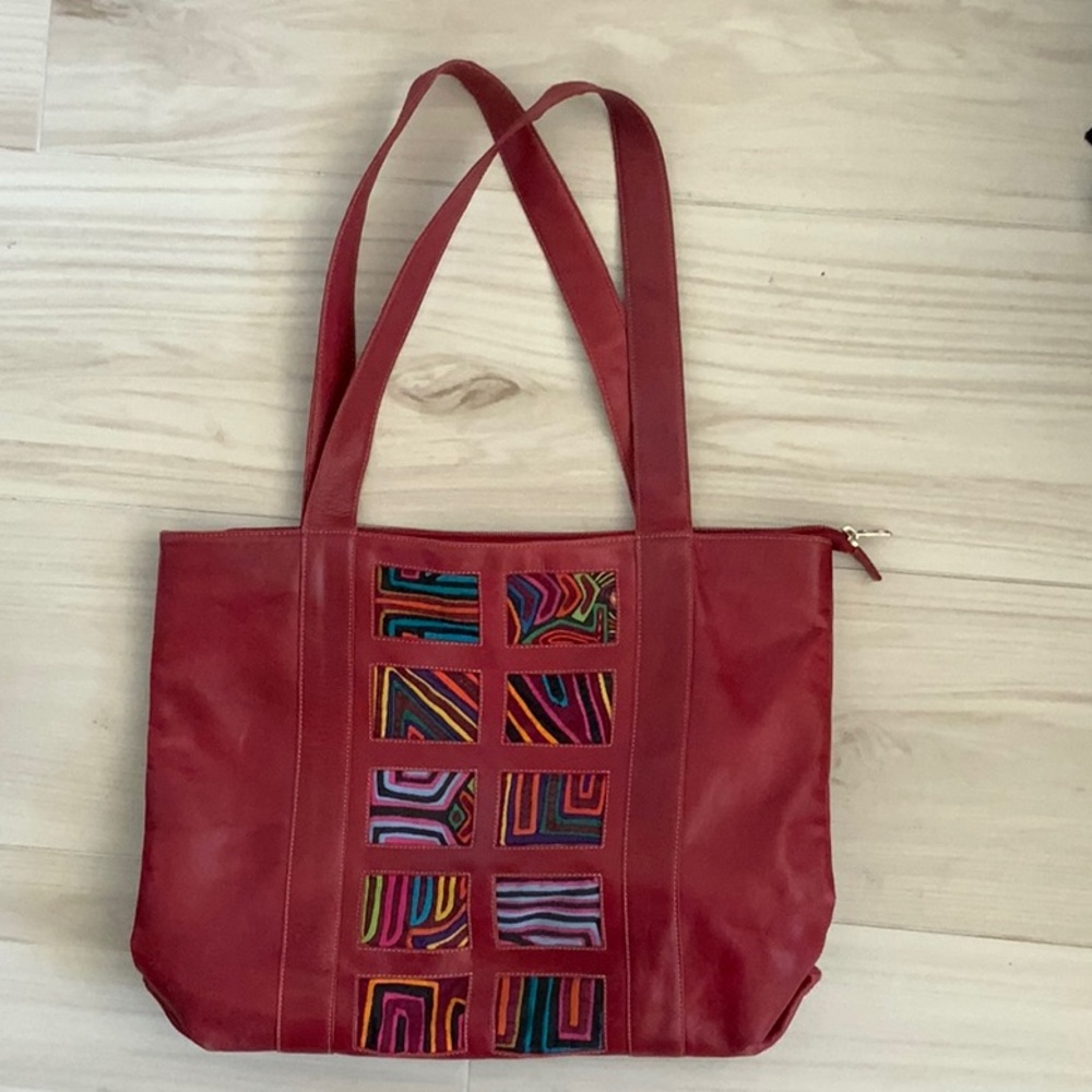 Mola Red Leather Shoulder Bag Tote Purse Handmade From Panama